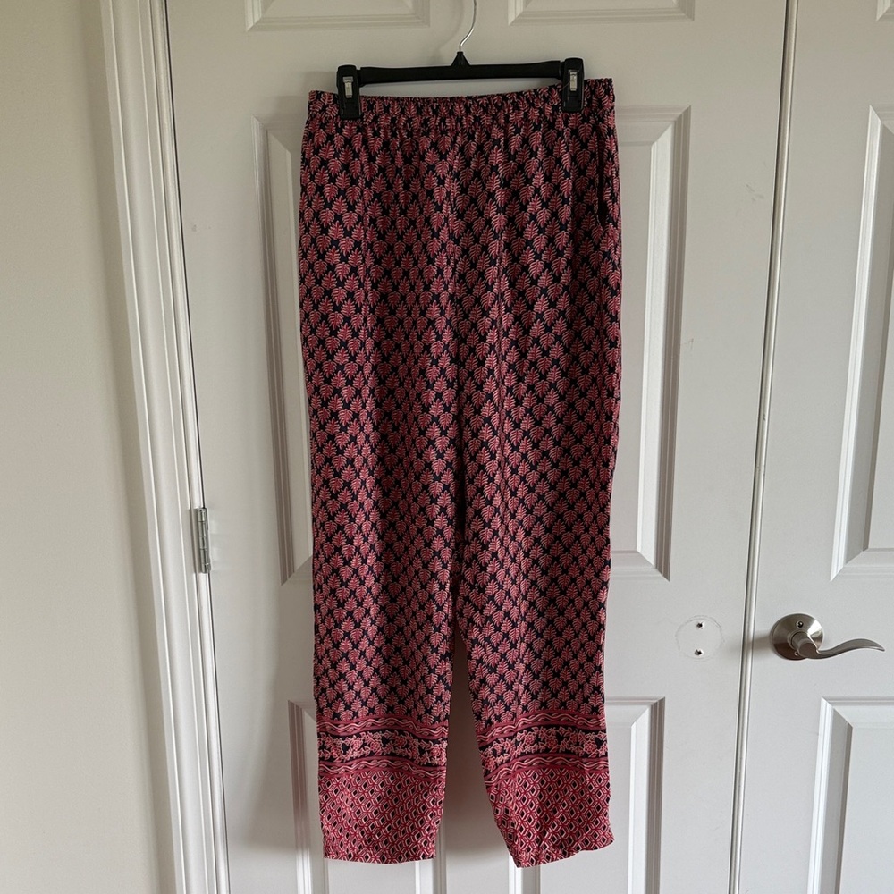Elan Navy and Pinkish Maroon Leaf Pattern Pull On Pants Size Large